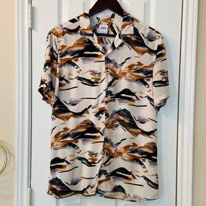 ZARA MEN Button Down Top Short-Sleeve Mountain Artsy Print Relaxed Fit M